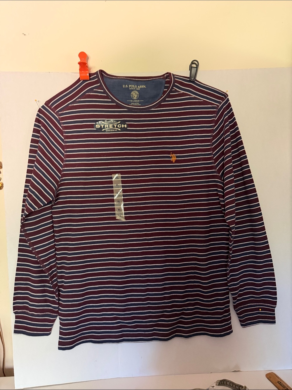 U.S. Polo Assn. Men’s Long Sleeve Stripe Crewneck Shirt - Burgundy, White, Navy